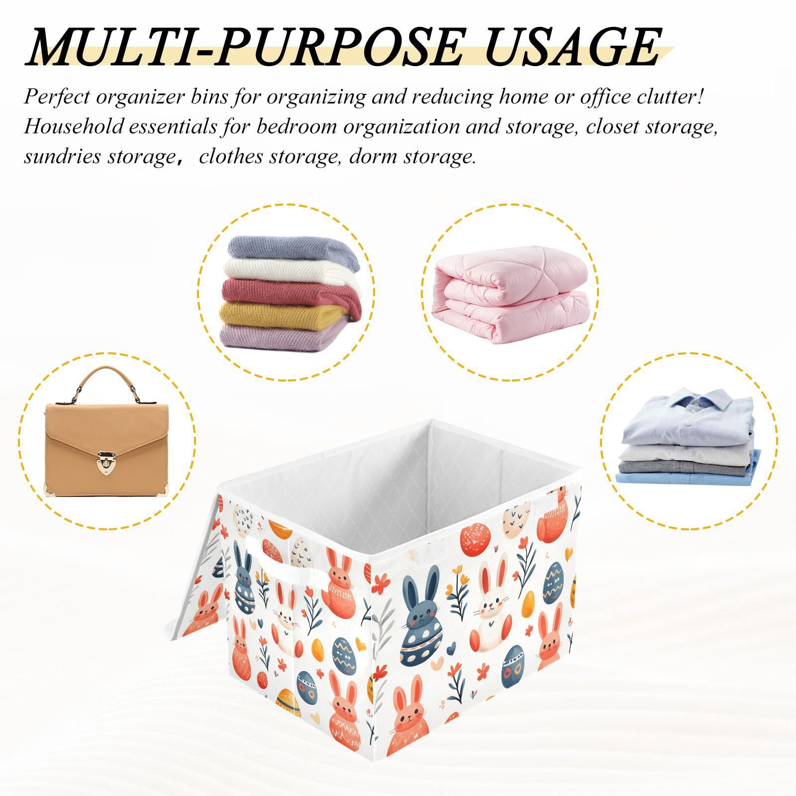 Easter Eggs with Rabbits Storage Basket for Shelves Foldable Container Organizer for Organizing Toys Clothes Books with Handles