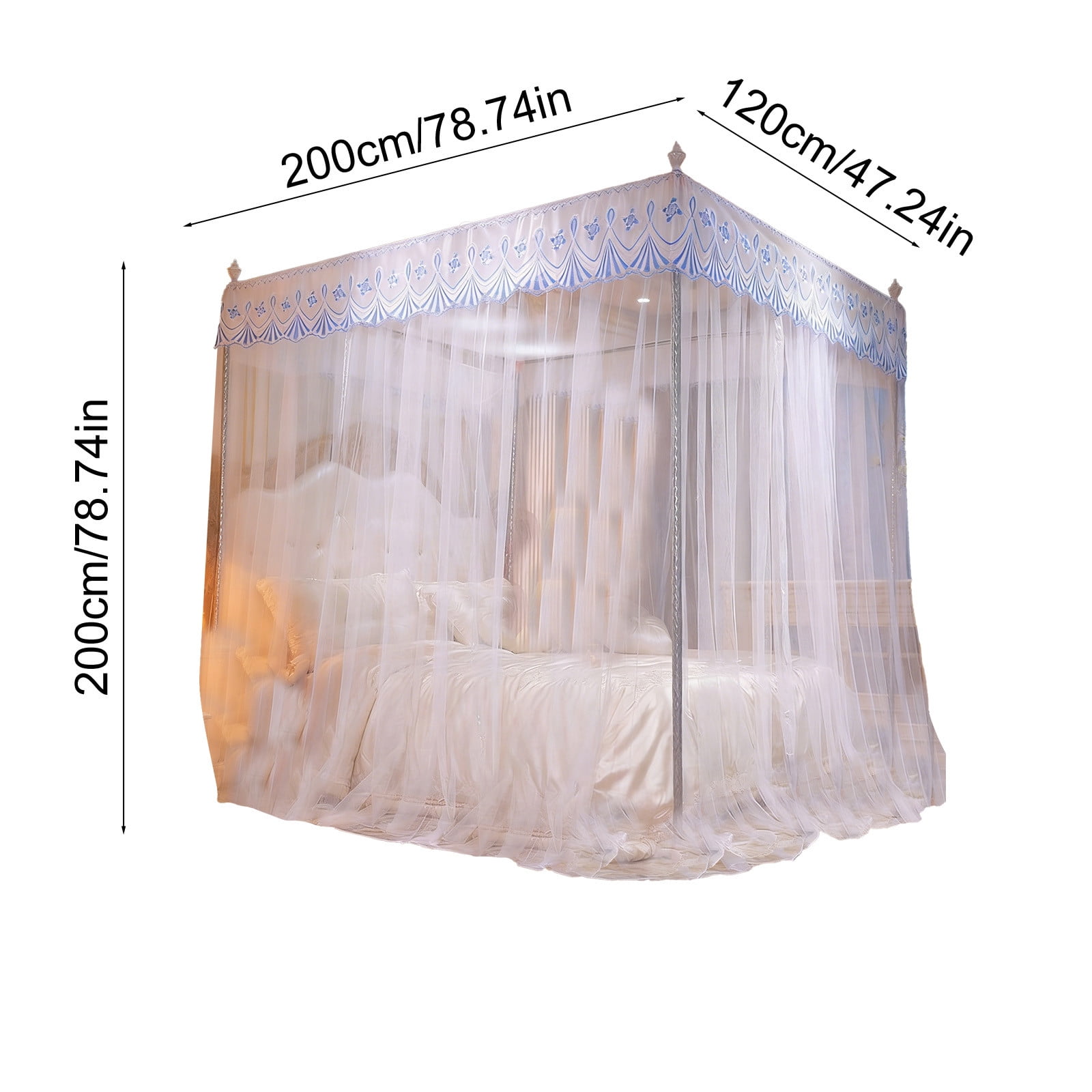 Luxury Bed Curtains Canopy, Ruffle Tassel 4 Corner Post Canopy Netting, Bed Canopy for Girls Kids Adult, Bedding Décor (47.24×78.74×78.74in)