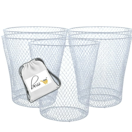 (5) White Wire Mesh Round Waste Basket, 9in Lightweight Trash Can Open Top Wastebasket Recycling Bins Desk Office School Garbage Cans Home Essential & CUSTOM Storage Carrier