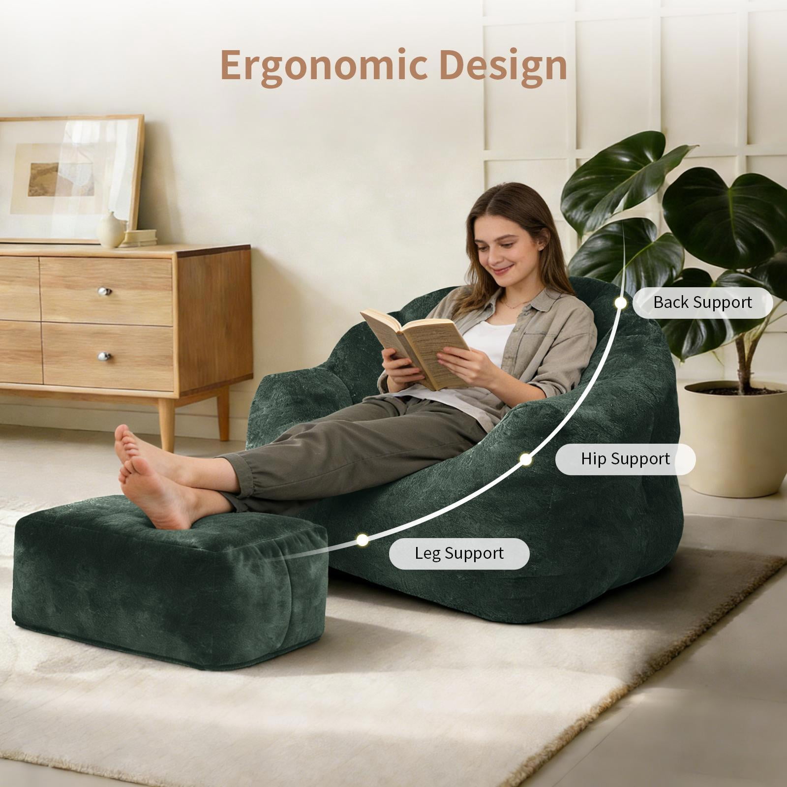 Hommoo Bean bag chair, armrest bean bag sofa chair filled with high-density foam, comfortable lazy sofa chair, adult bean bag chair for Home, Green
