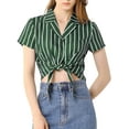 thumbnail image 1 of INSPIRE CHIC Camisa corta de mujer con botones y rayas, manga corta, con lazo al frente, color verde, 1 of 7