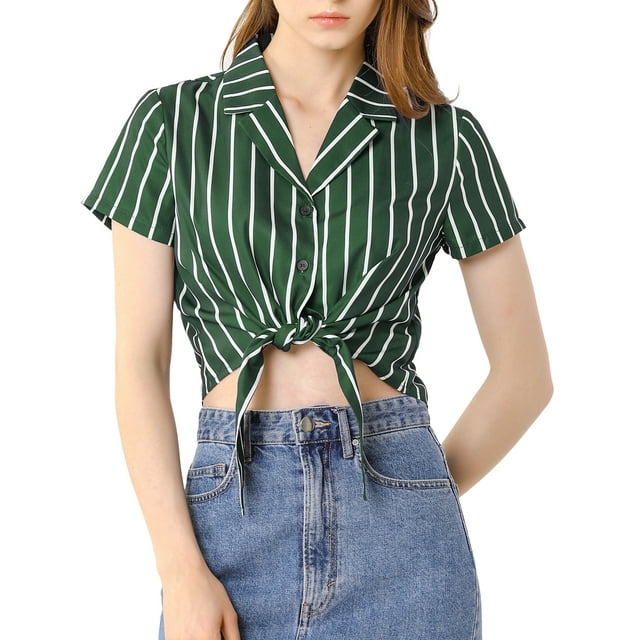 INSPIRE CHIC Women's Stripe Button up Short Sleeve Tie Front Short Shirts