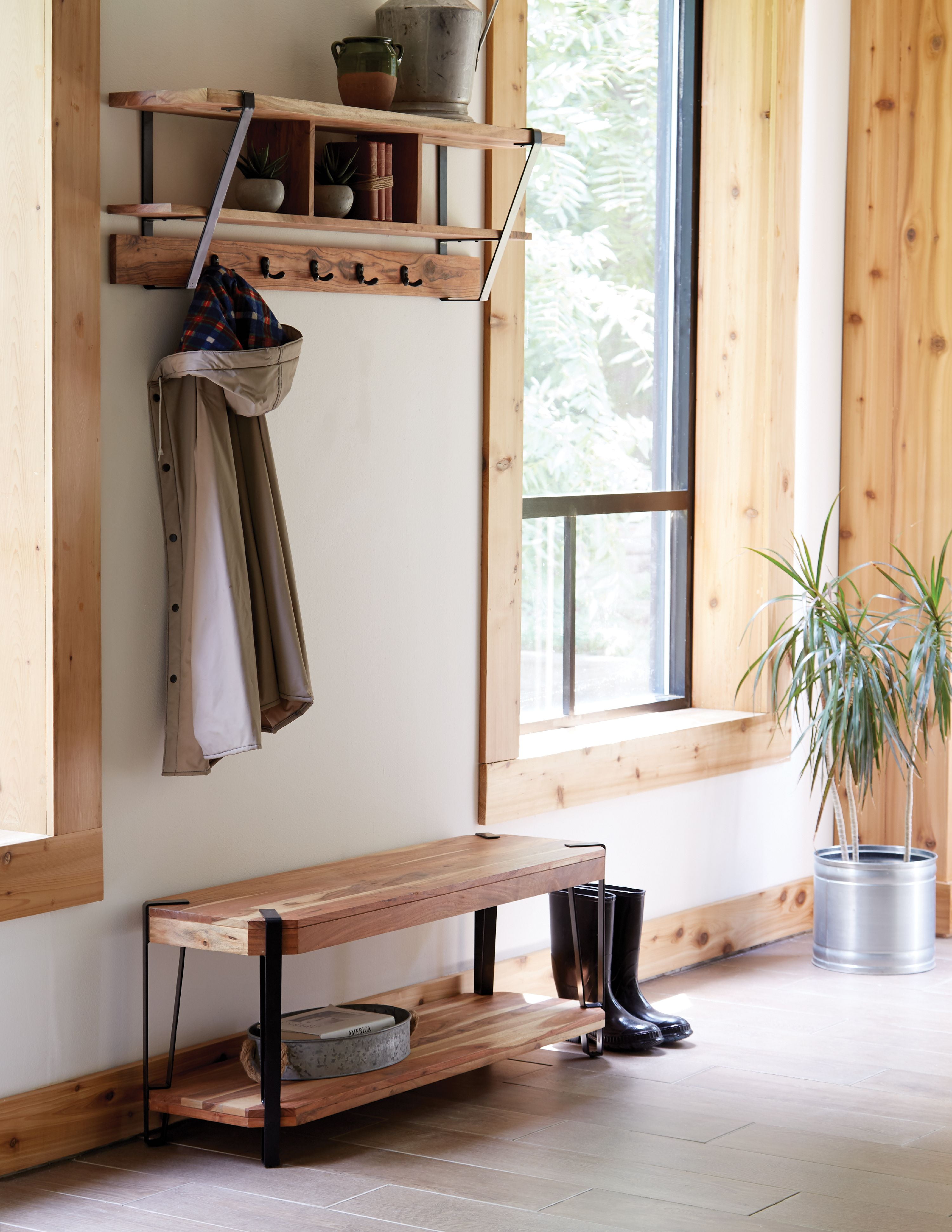 Alaterre Ryegate Natural Live Edge 5-Hook Bench with Coat Hook Shelf Set, Natural
