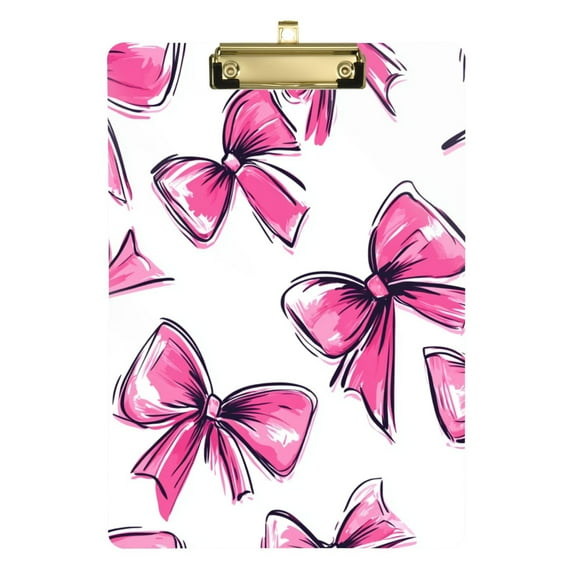 Pink Bow Hand Painted Style Acrylic Clipboard with Gold Clip for Classroom School and Office A4 Letter Size