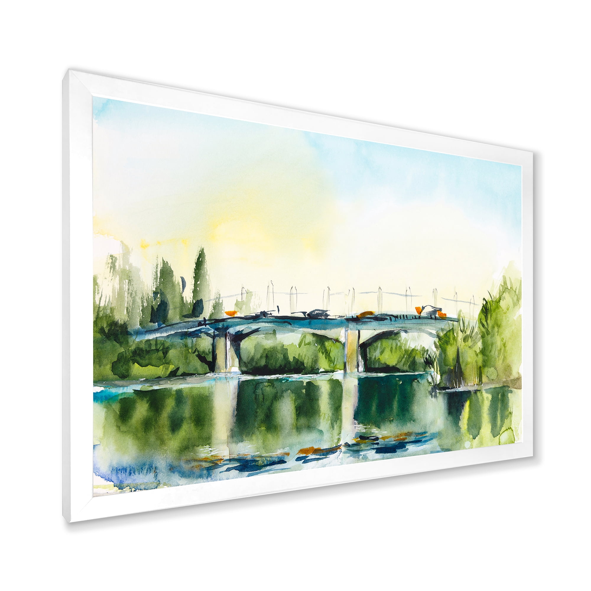Designart 'Landscape With Old Bridge Over River In The Countryside' Traditional Framed Art Print