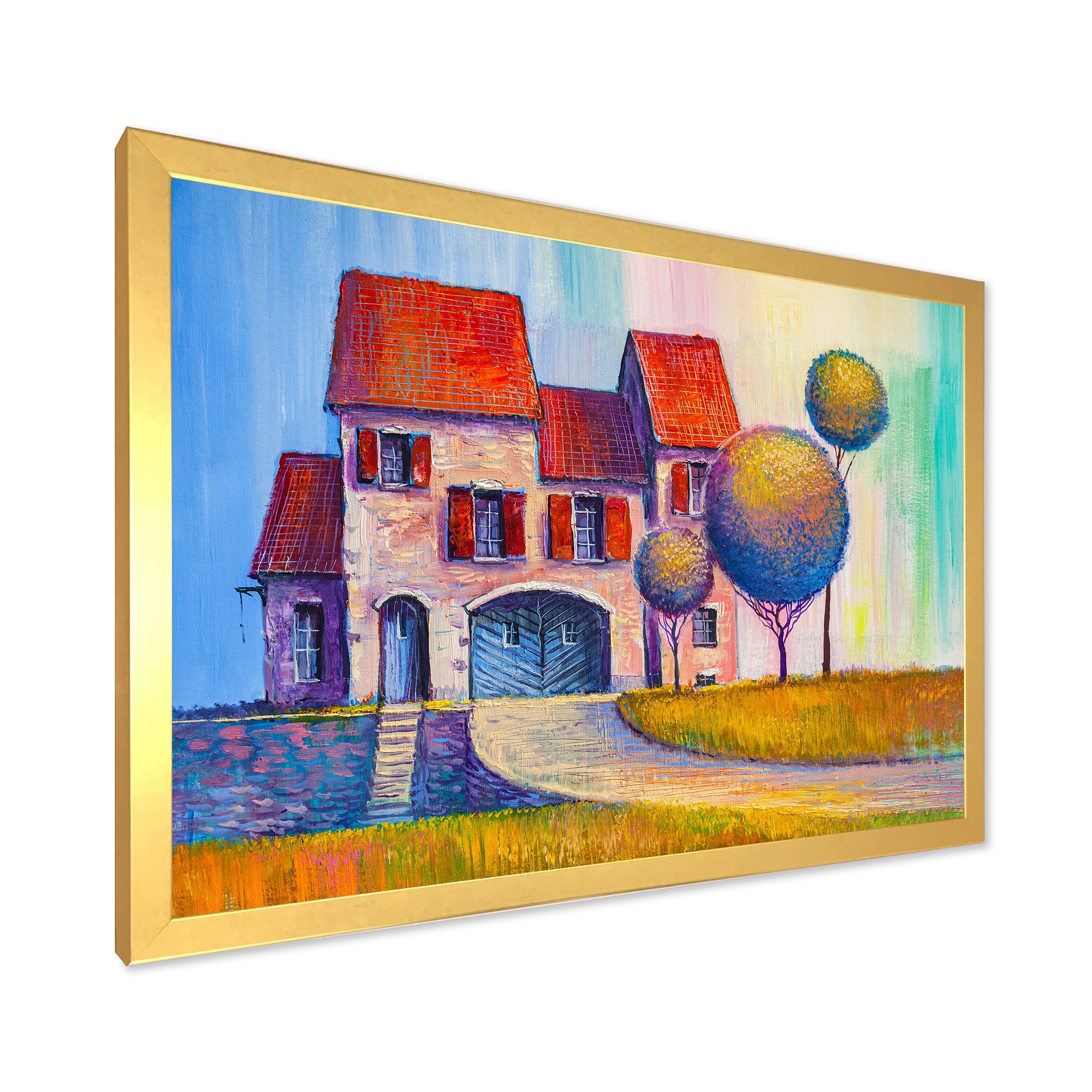 Designart 'A Red Roof House With In The Village' Modern Framed Art Print