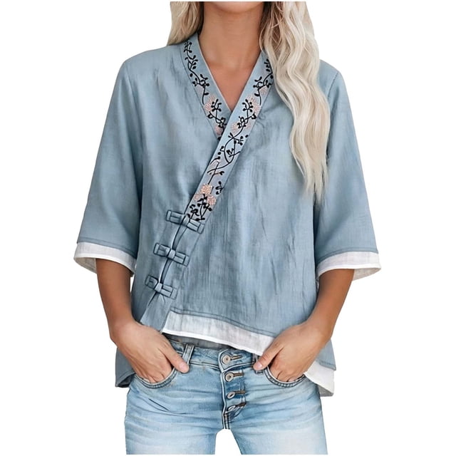 Mujeres manga corta de verano Tops imitación bordado V-cuello hebilla cinco cuartos de manga blusa, primavera en verano casual moda superior