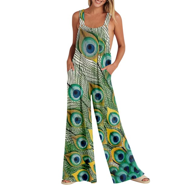 Gibobby Mono Bombachos Monos de mujer Verano Casual Suelto Sin mangas Patchwork Doble bolsillos Mono Estampado floral Boho Pierna ancha Babero en general(Verde, M)