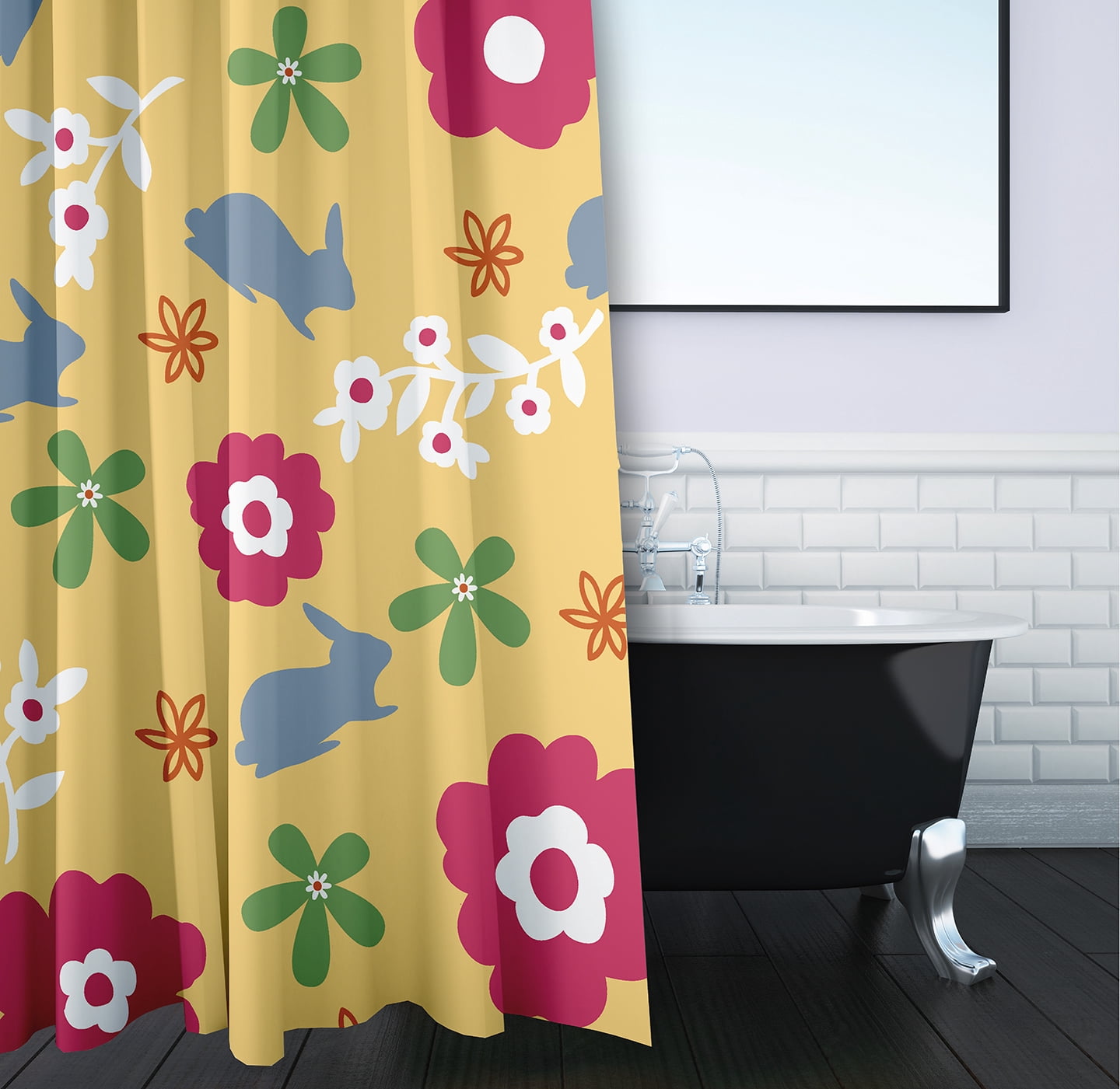 Simply Daisy 70" W x 73" L Flowery Love with Bunnies Polyester Shower Curtain, Daffodil Yellow-Blue [1 Ct]