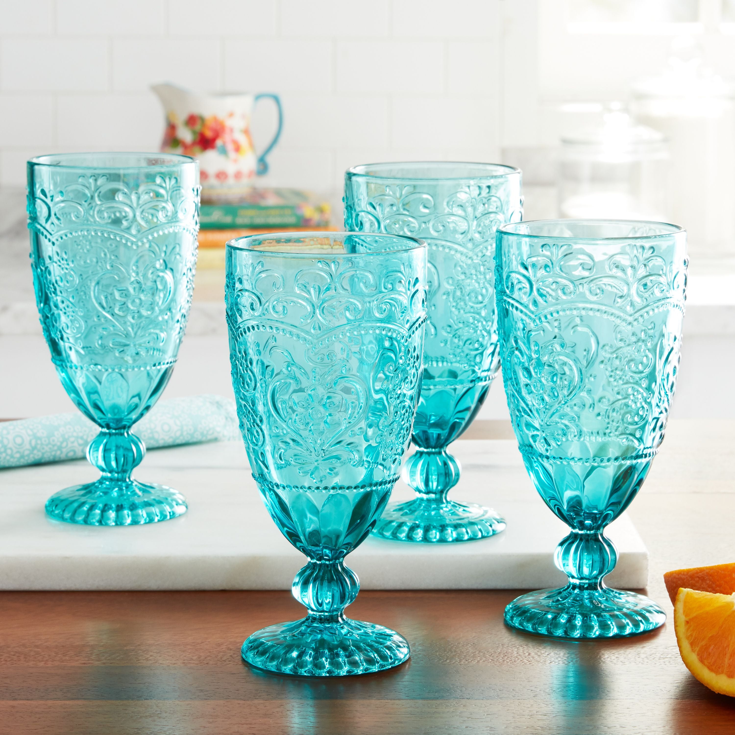 The Pioneer Woman Amelia 4-Piece Glass 14.7 oz Goblet Set, Teal
