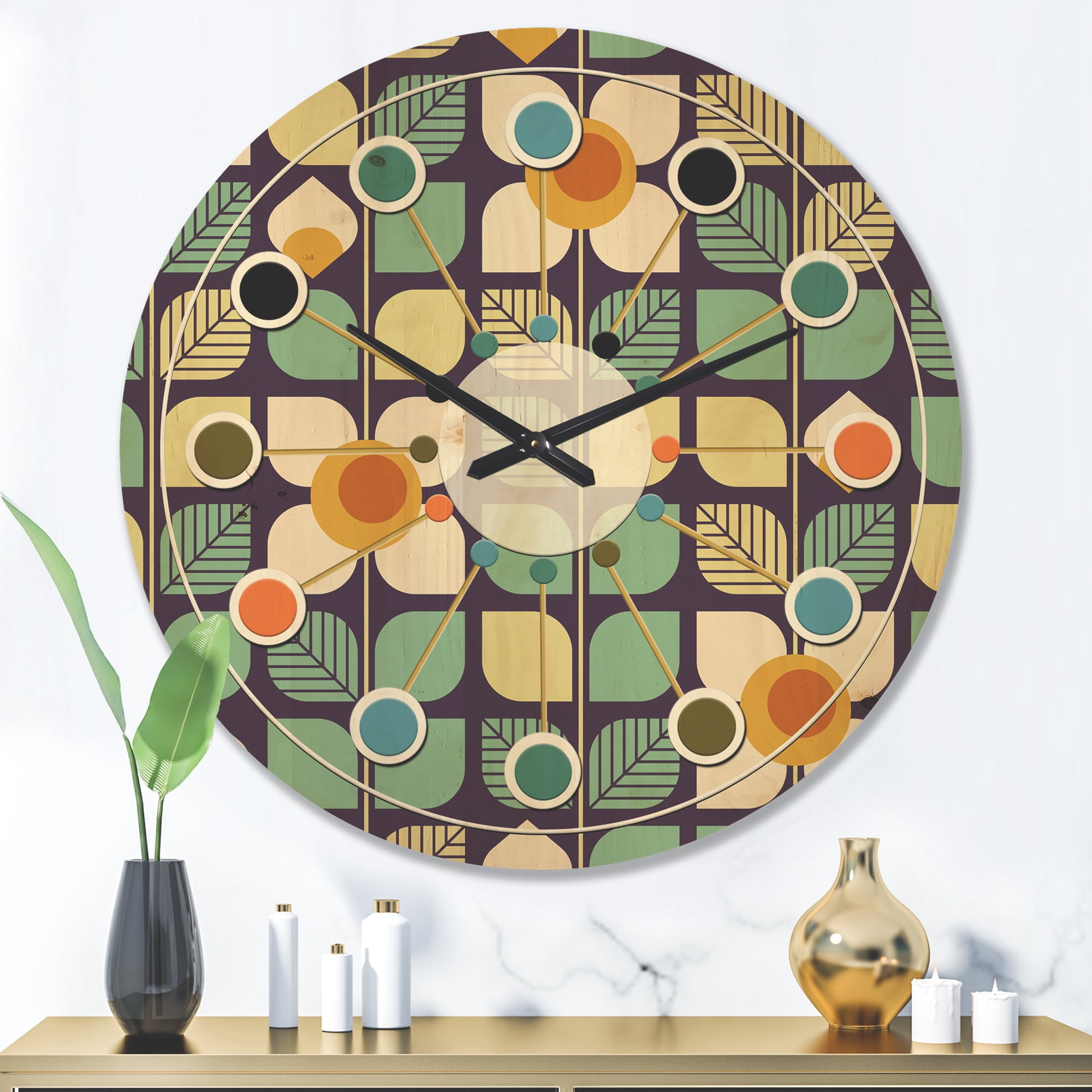 Designart 'Botanical Retro Pattern Design III' Mid-Century Modern Wood Wall Clock