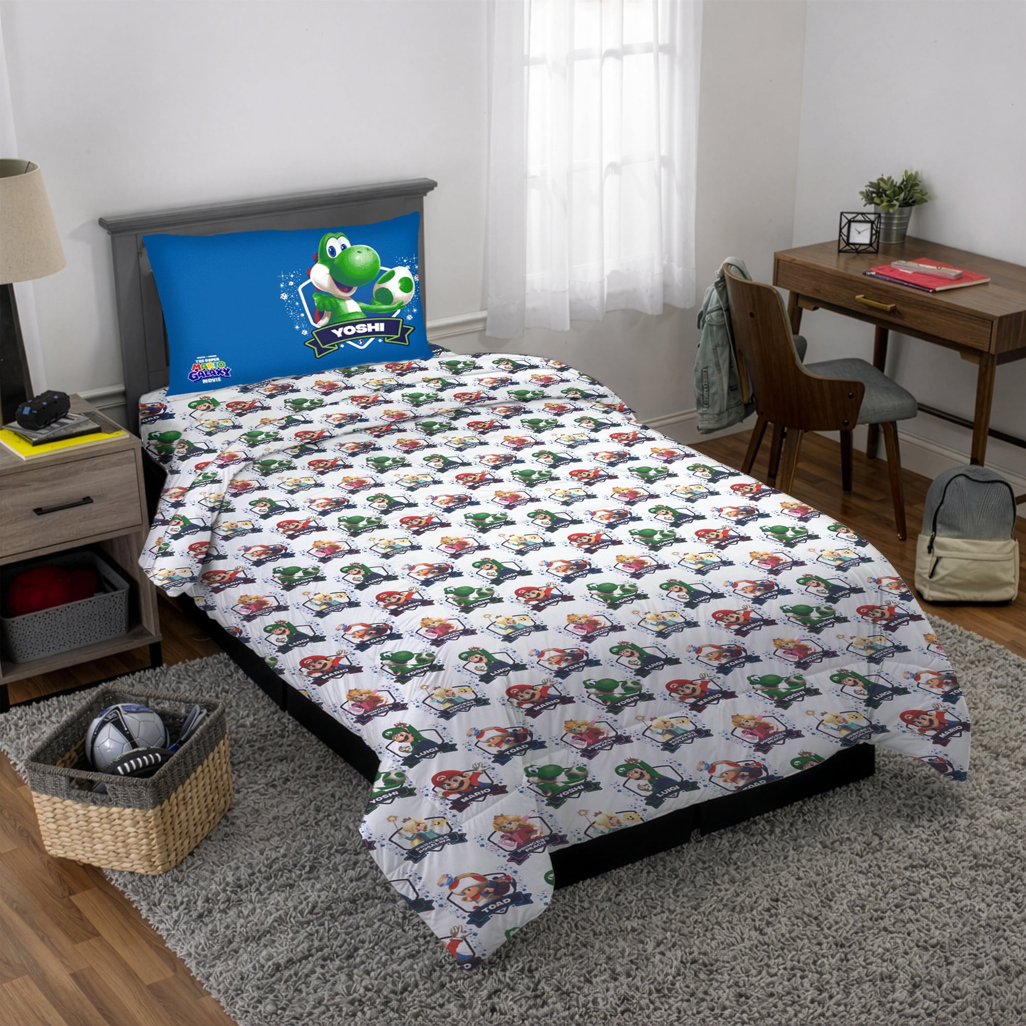 The Super Mario Galaxy Movie Kids 6 Piece Blue Reversible Comforter, Pillowcase, and Sheet Set, Queen