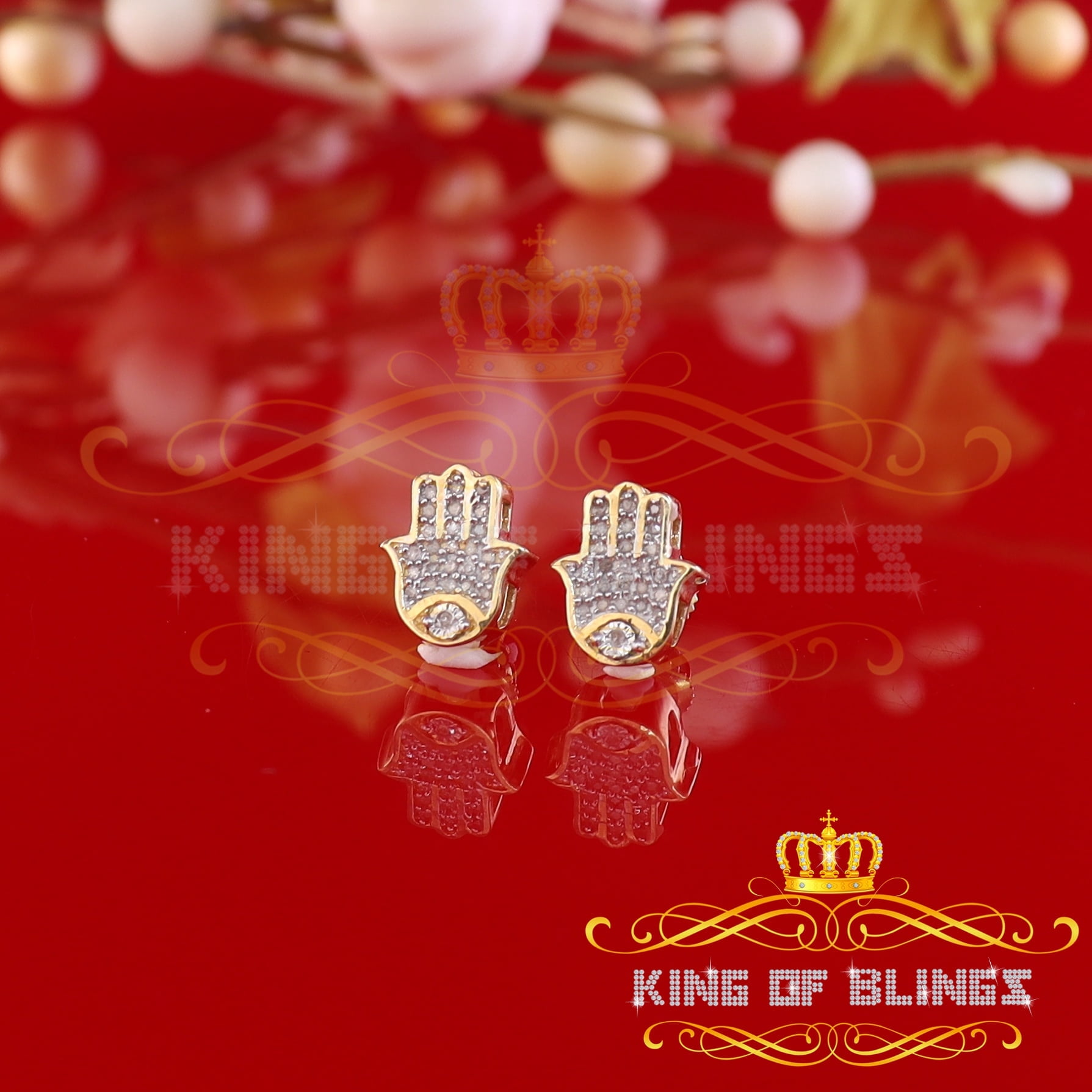 King of Bling's 925 Yellow Sterling Silver 0.15ct Diamond Stud Women's & Men's Hamsha Earrings
