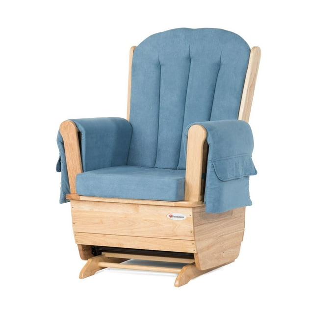 Foundations SafeRocker Standard Glider Nursery Rocking Chair, Wood Base, Storage Pockets, Blue
