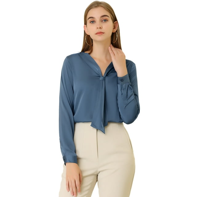 Camisa De Oficina De Trabajo Para Mujer Blusas De Satén Elegantes De Manga Larga Con Cuello De Lazo Azul polvoriento XL