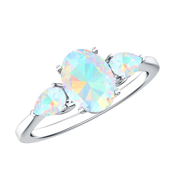 Rosec Jewels Oval and Pear Cut Ethiopian Opal Ring, Three Stone Ring - AAA Quality, 925 Sterling Silver, US 4.00