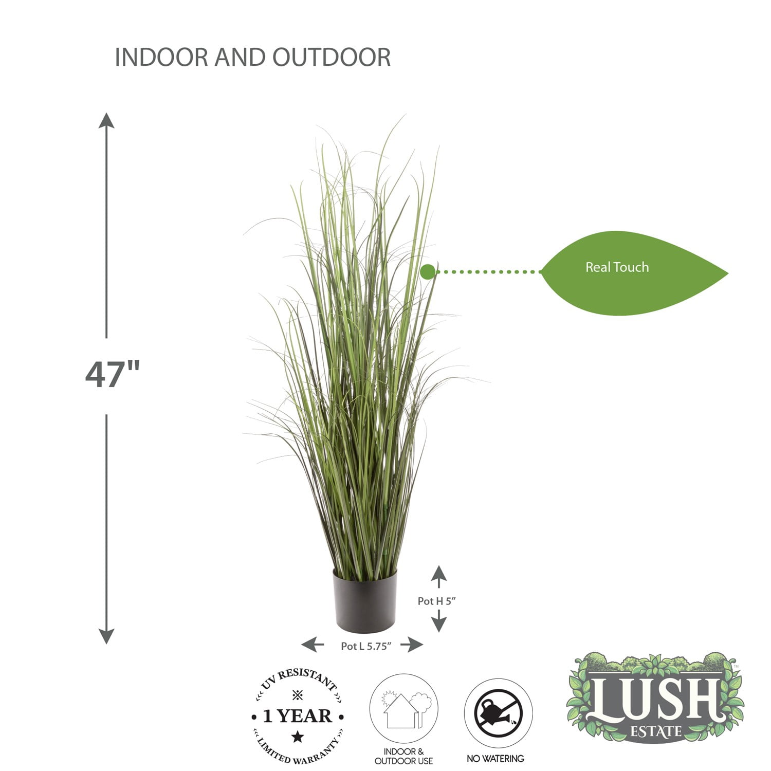 Lush Estate Artificial Black Grass Plant, 47", Lifelike UV Resistant Indoor Decor