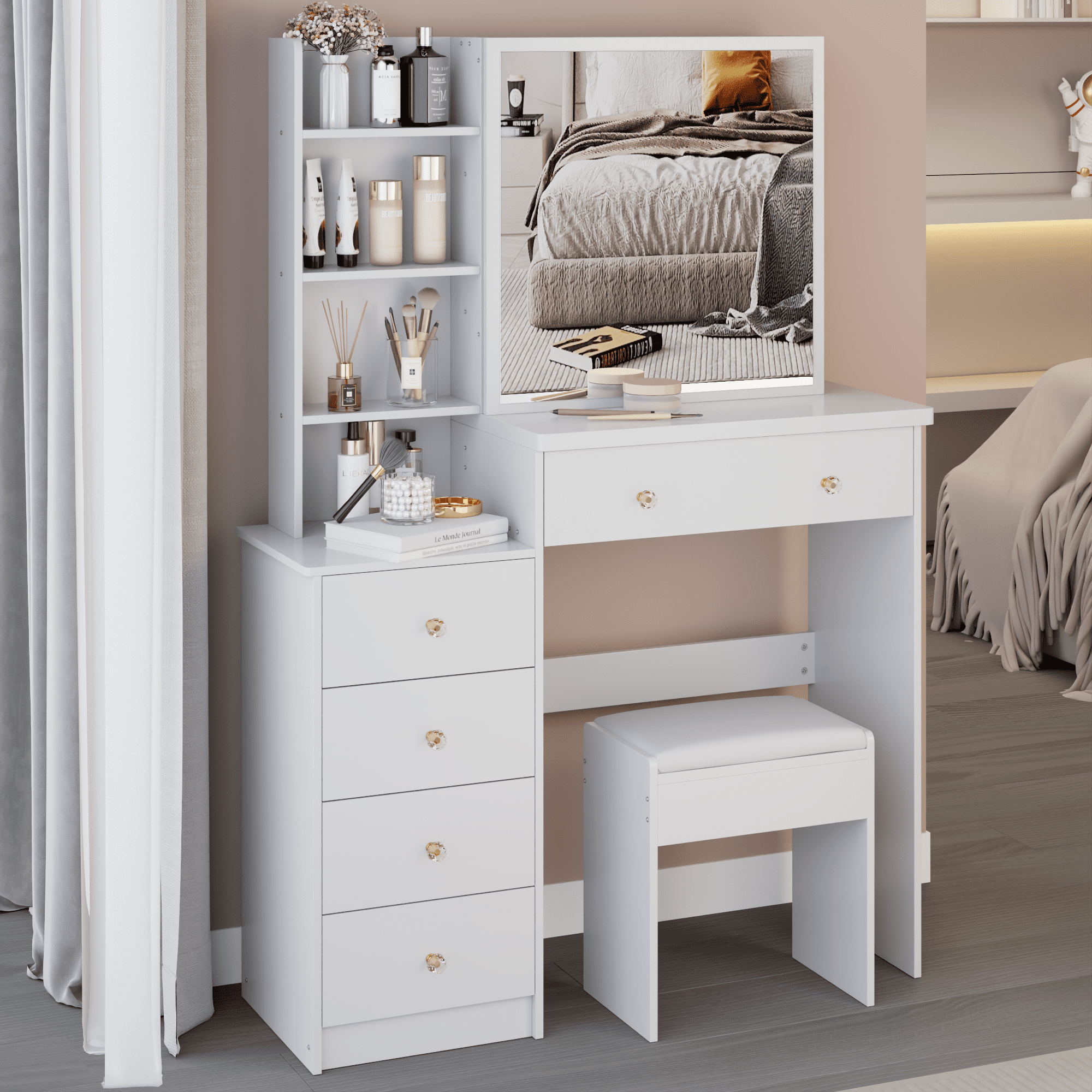 37" Large Space Dresser Set with Sliding Mirror & Stool, MDF Vanity Table with Multi-Layer Storage, American Design for Bedroom