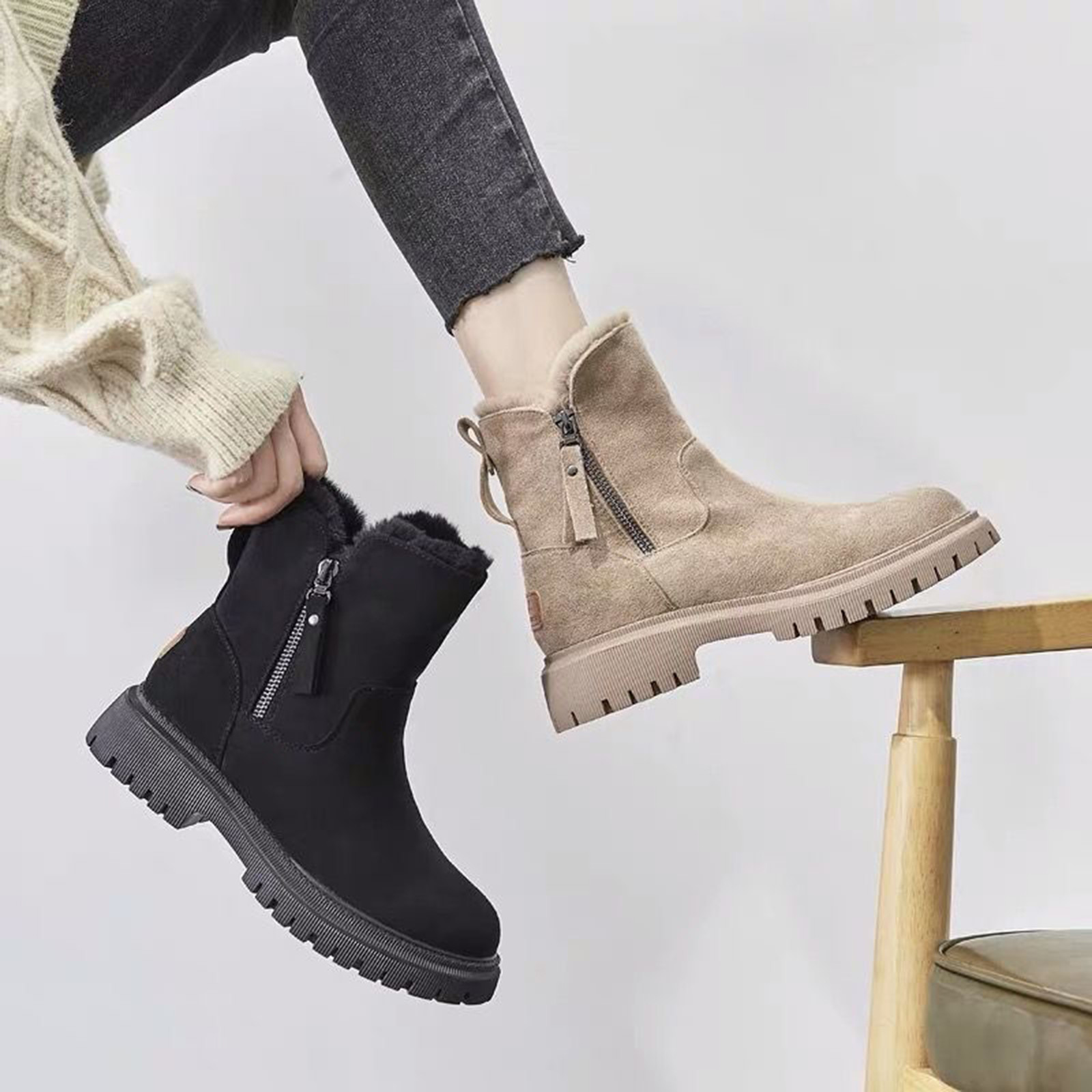 Bottines D'hiver Femme En Cuir Et Laine - Chaudes, Confortables, Fermeture Zip