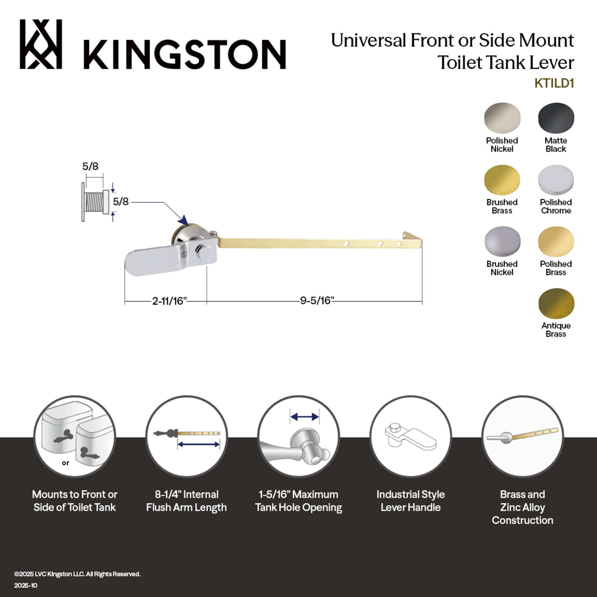Kingston Brass KTILD3 Convergent Universal Front or Side Mount Toilet Tank Lever in Antique Brass