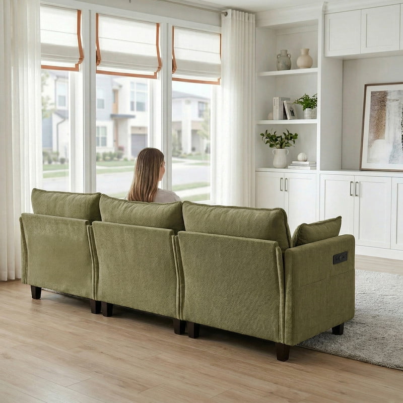 Howcool 110"W Modern Chenille Sectional Sofa with Ottoman,L-Shaped Modular Sofa Couch with USB Ports for Living Room,Green