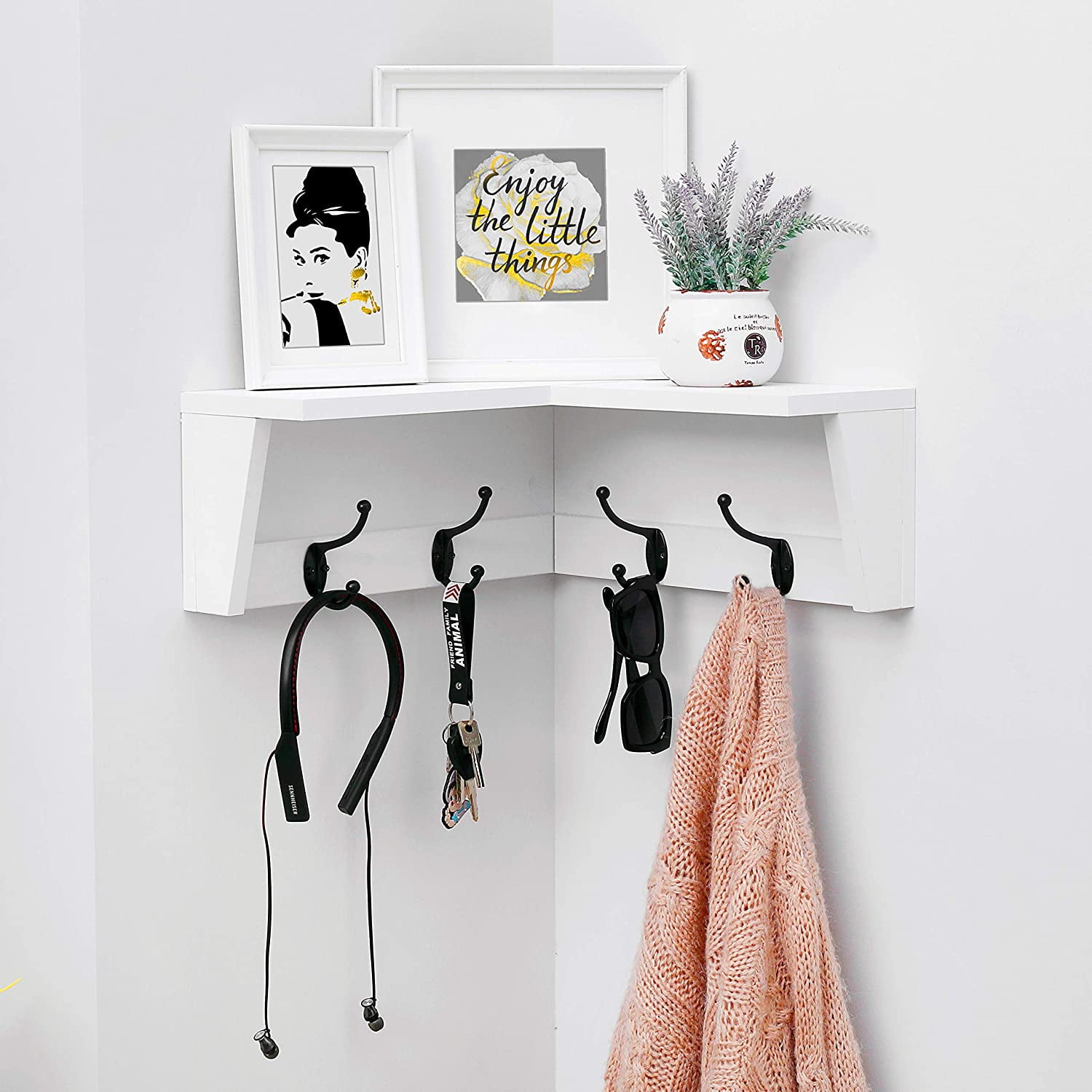 White Wood Wall Shelf Entryway Coat Rack Floating Bathroom Kitchen Hanging Hooks 