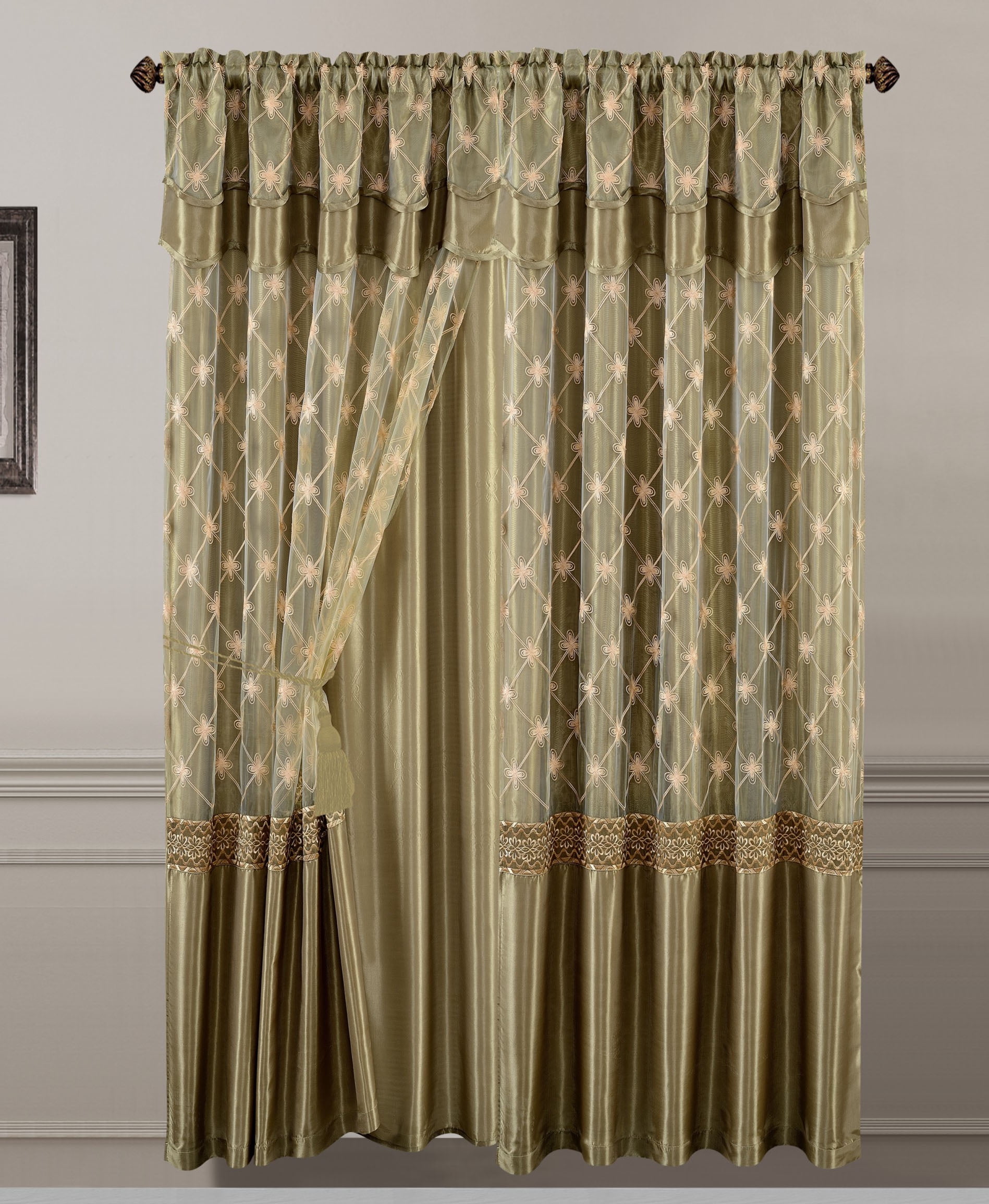 Embroidered Sheer Curtains with Attached Valance and Backing 