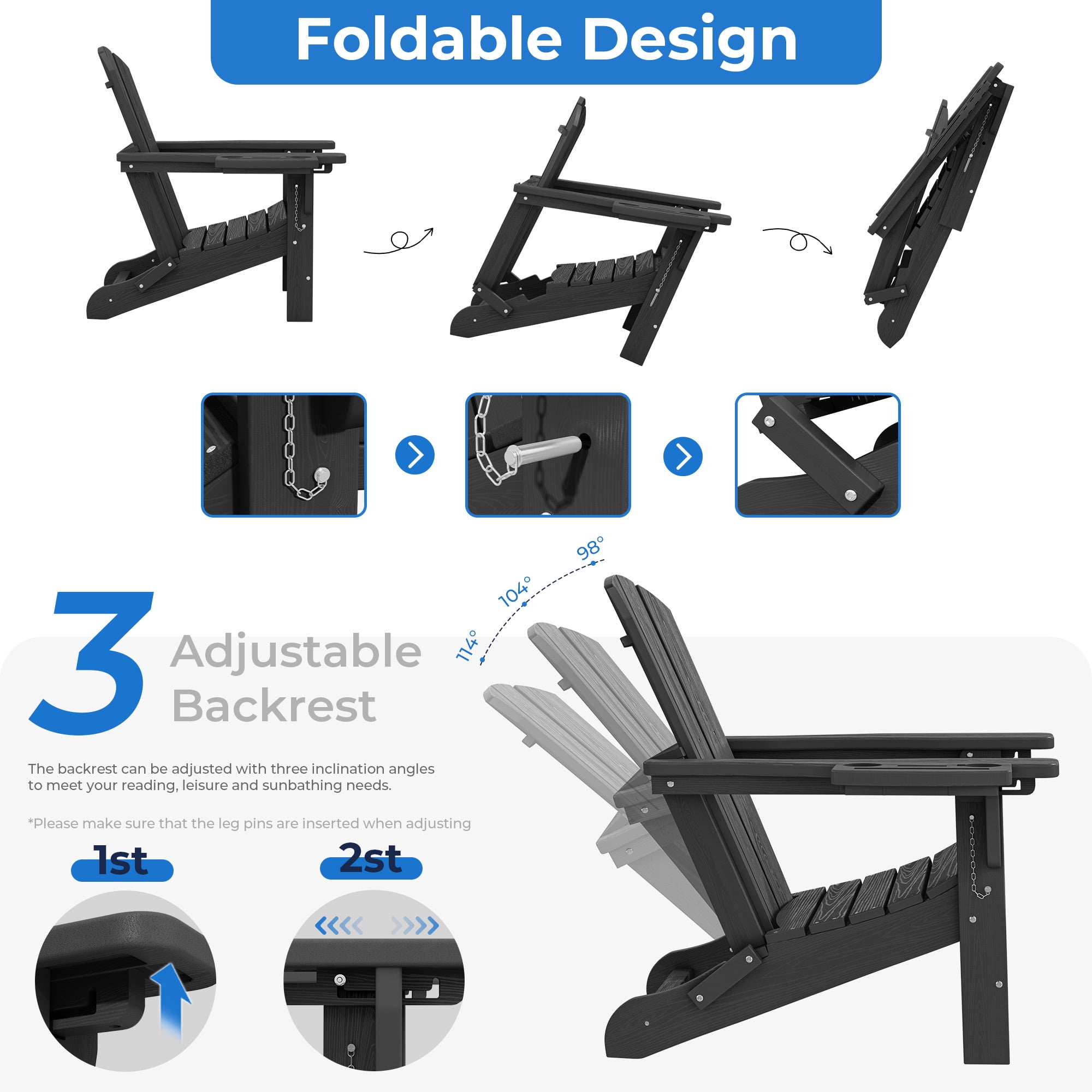 KINGYES Folding Adirondack Chair set of 2, Adjustable Backrest with Pull-Out Footrest & 4-in-1 Mobile Phone, Tablet, Cup Holder Tray, HDPE Plastic Adirondack Chair for Patio Garden Outdoors Fire Pit