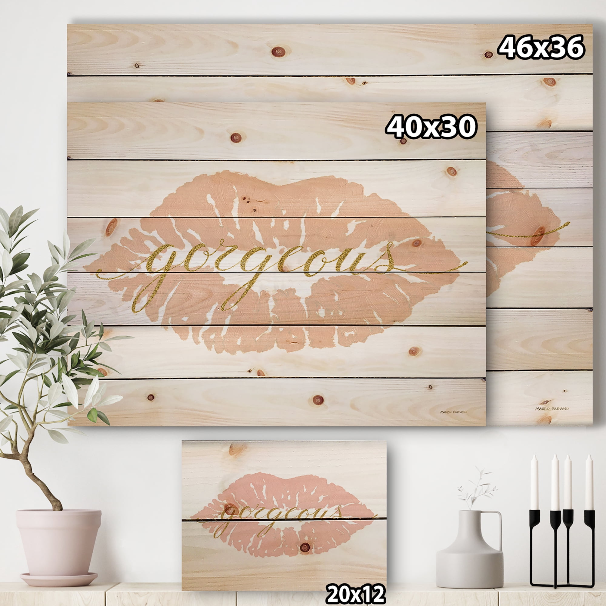 Designart 'Fashion Glam Quote Lips on Gold II' Posh & Luxe Print on Natural Pine Wood