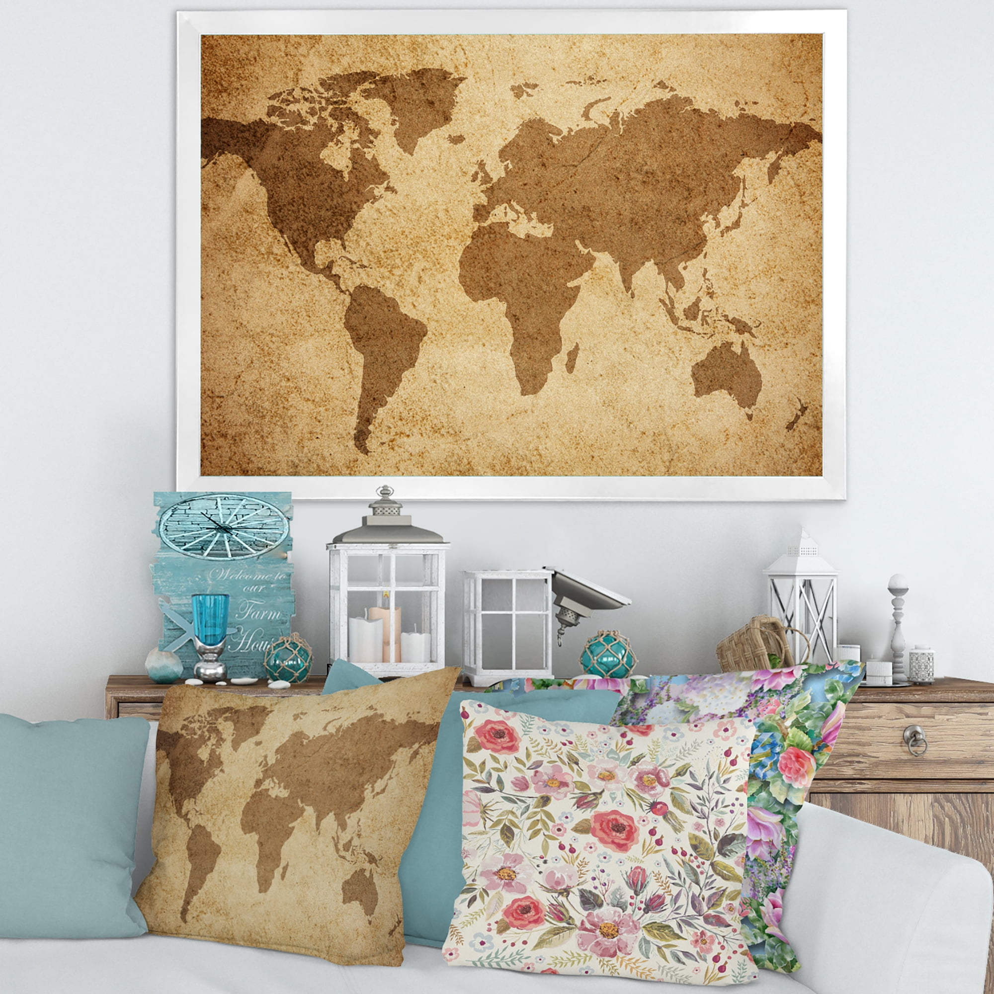 Designart 'Ancient World Map V' Vintage Framed Art Print