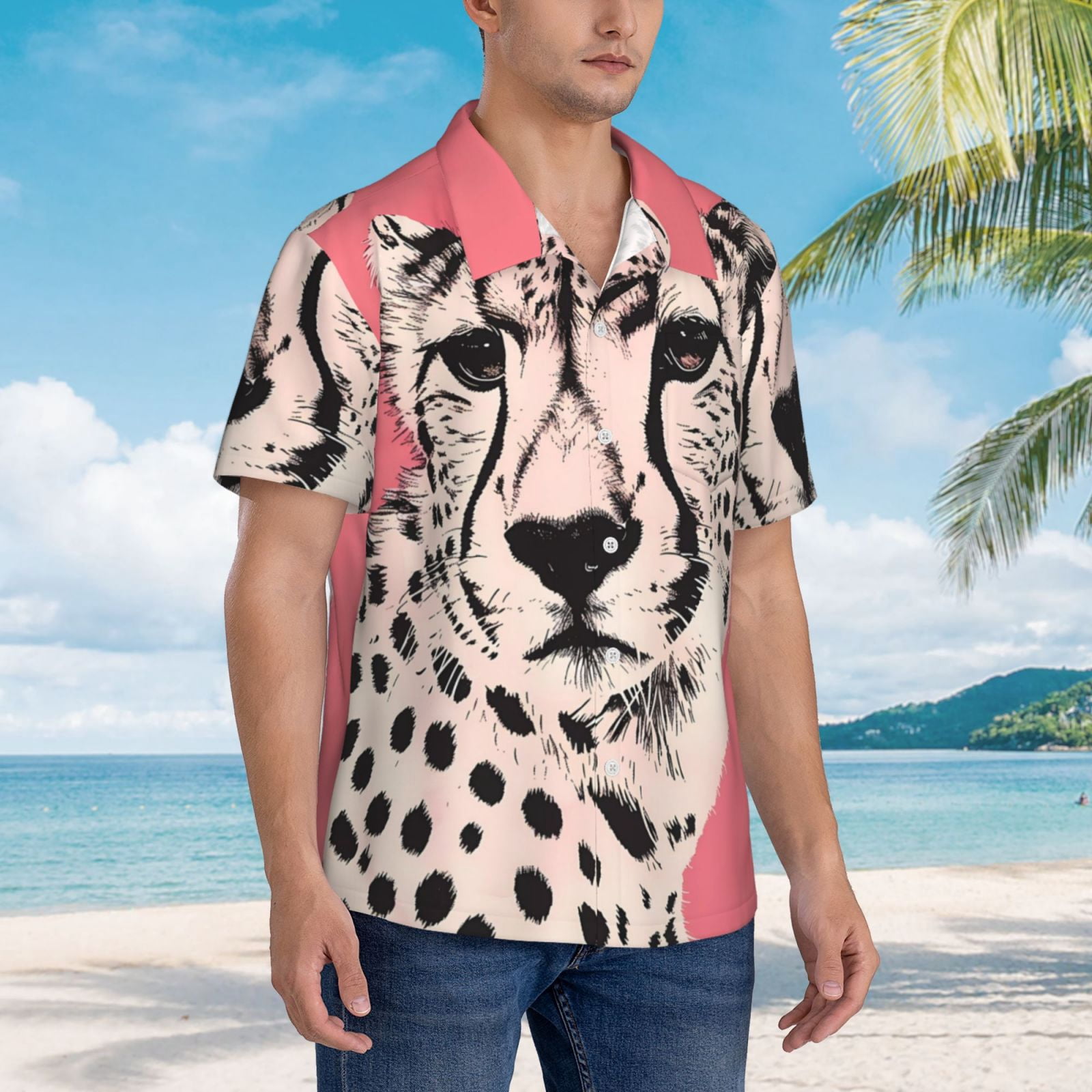 Logiee Pink Cheetah Art Print Mens Hawaiian Shirts,Loose-Fit Short Sleeve Button Down Tropical Aloha Beach Shirt,Summer Vacation Wedding Tops,Medium
