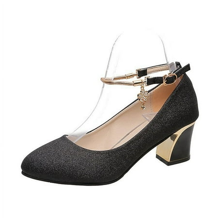 

Women‘s Shoes Explosions Summer Fashion Round Head Thick Heel Women‘s Shoes Korean Style One Word Buckle with Gloss Princess Shoes High Heels