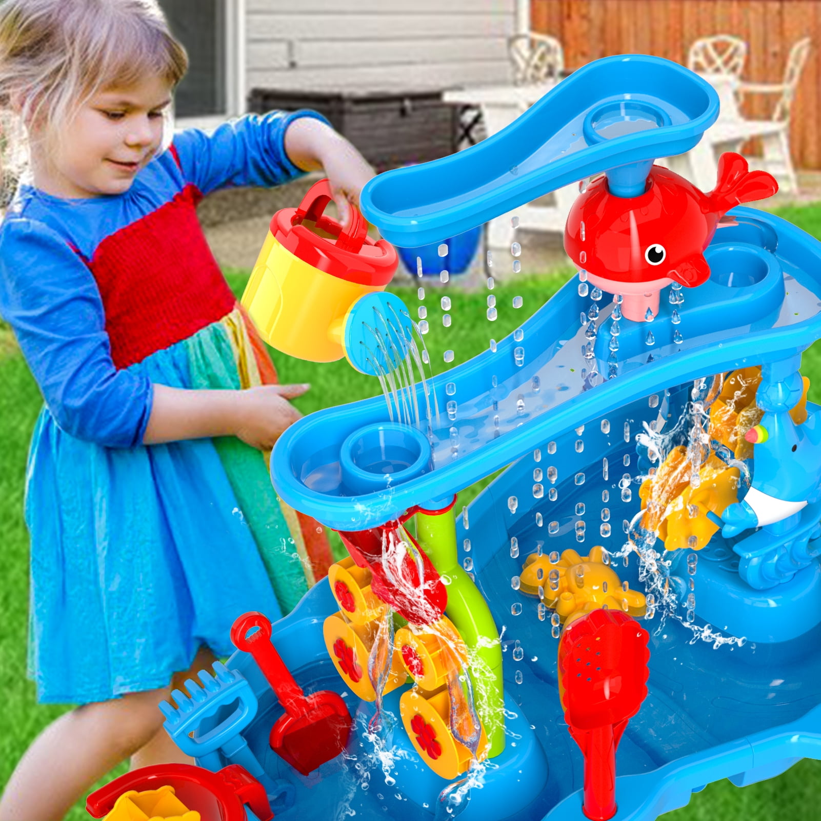 KukuFun Toddlers Water Table for Ages 1-5, Sand and Water Play Table for Toddlers, 3-Tier Outdoor Activity Table for Beach and Backyard