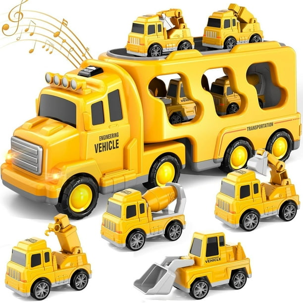Carritos Juguetes para Niño,5 en 1 Camiones de Transporte con Luz y Sonido,Coches Juguetes de Construcción con 4 Mini Coches,Regalo para Niños 3~8 Años,Amarillo