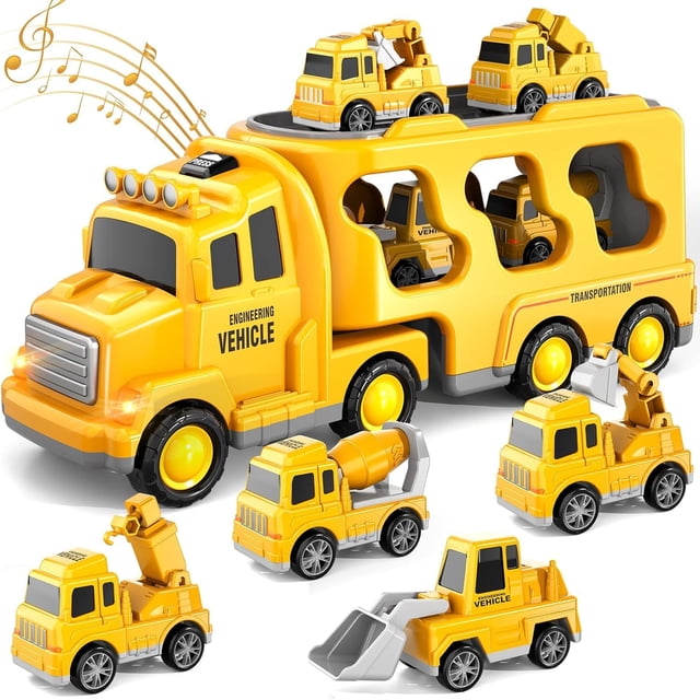 Carritos Juguetes para Niño,5 en 1 Camiones de Transporte con Luz y Sonido,Coches Juguetes de Construcción con 4 Mini Coches,Regalo para Niños 3~8 Años,Amarillo