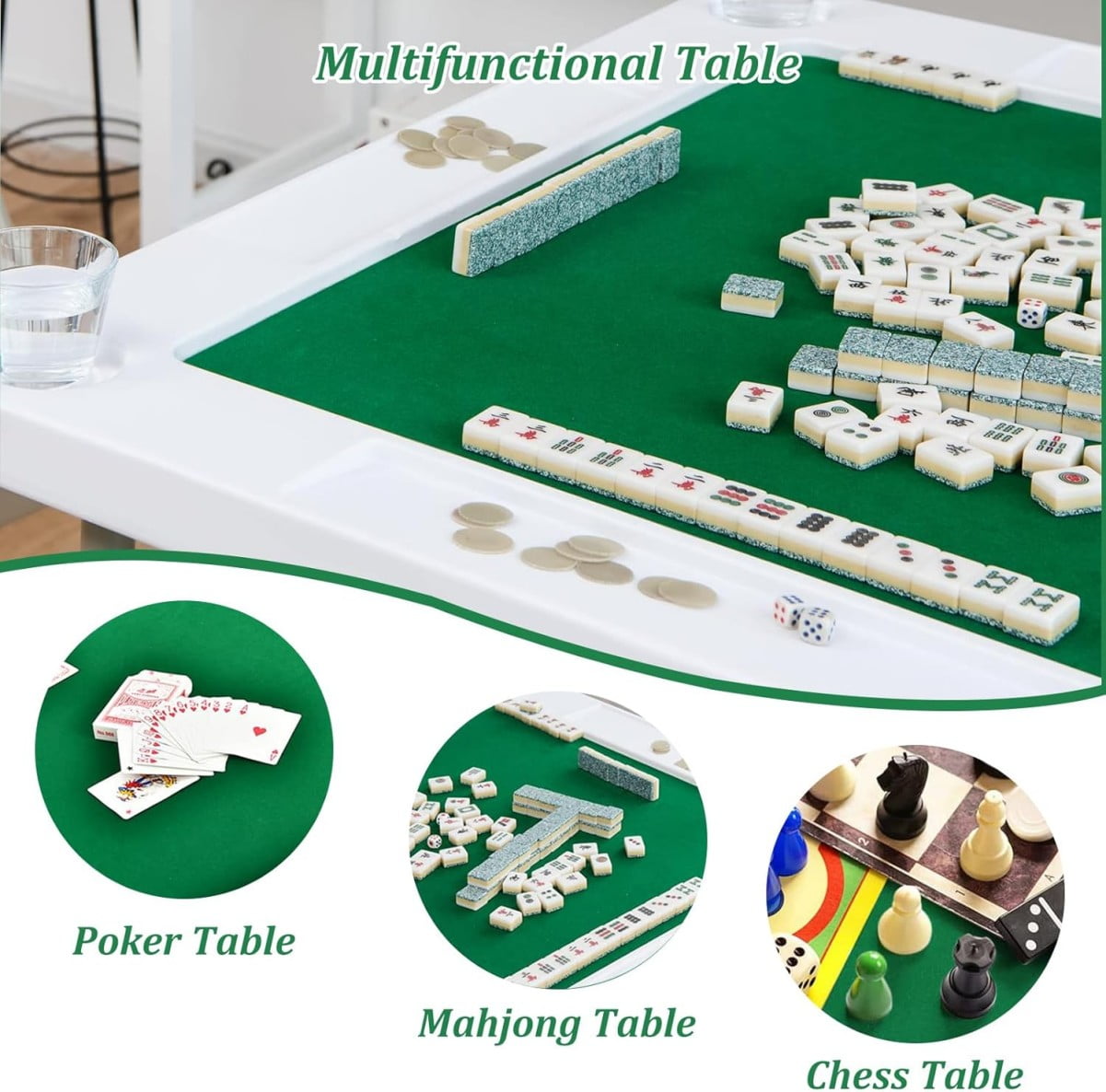WSYW Mahjong Table with Folding Legs, 35.4x 35.4 Square Domino Game Table, Portable 4 Player Board Game Table with Cup Holders, Chip Grooves and Green Table Felt, White