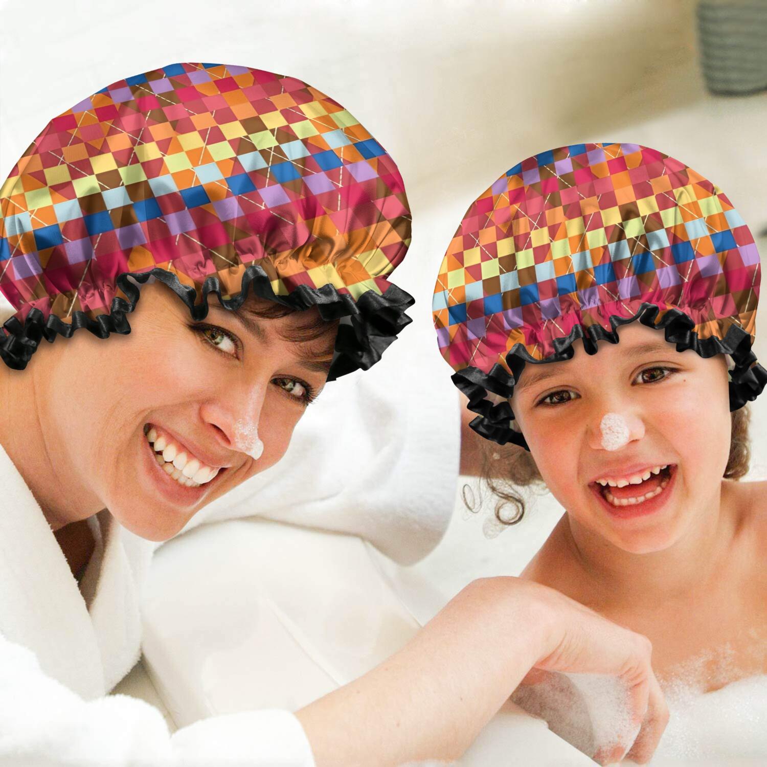Shower Caps,Colorful Geometric Pattern Waterproof Shower Cap for Women 4 Pieces,Double Reusable Hair Cover for Shower PEVA Elastic Stretch Hem