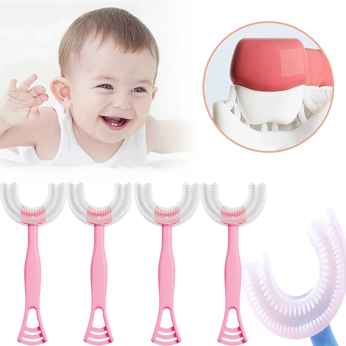 4Pieces Kids UShaped Toothbrush With Soft Silicone Brush Head
