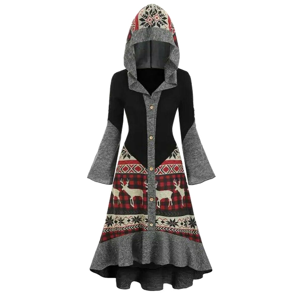 Christmas elk hooded high low flounce hem knitted dress Clearance