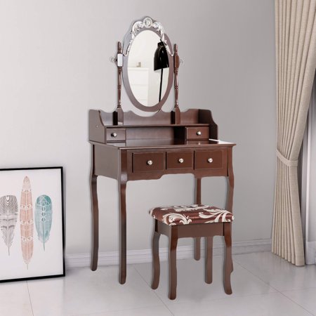 Bitbiz Vanity Set With Mirror Makeup Dressing Table And Stool 5 Drawers Dresser For Women Brown Bitbiz Vanity Set With Mirror Makeup Dressing Table And Stool 5 Drawers Dresser For Women Brown