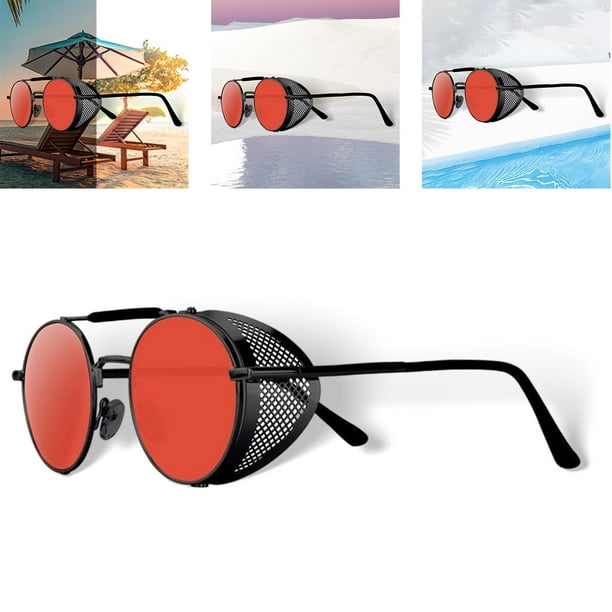 Retro Round Steampunk Sunglasses Side Vintage for Unisex Red Lens 