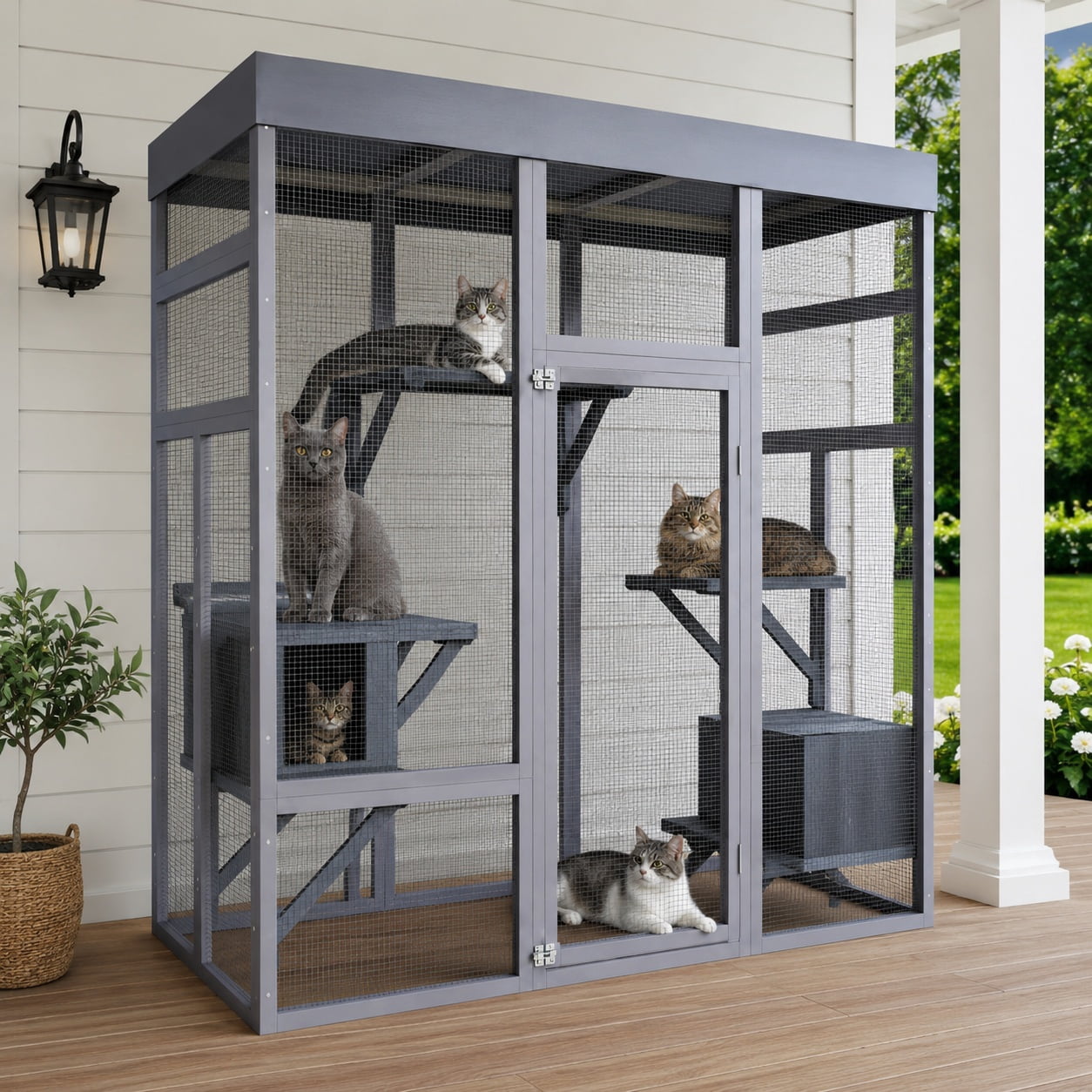 Aukfa 70"H Wooden Outdoor Cat Catio with Waterproof Roof, Large Cat Enclosure for Multiple Cats,Gray
