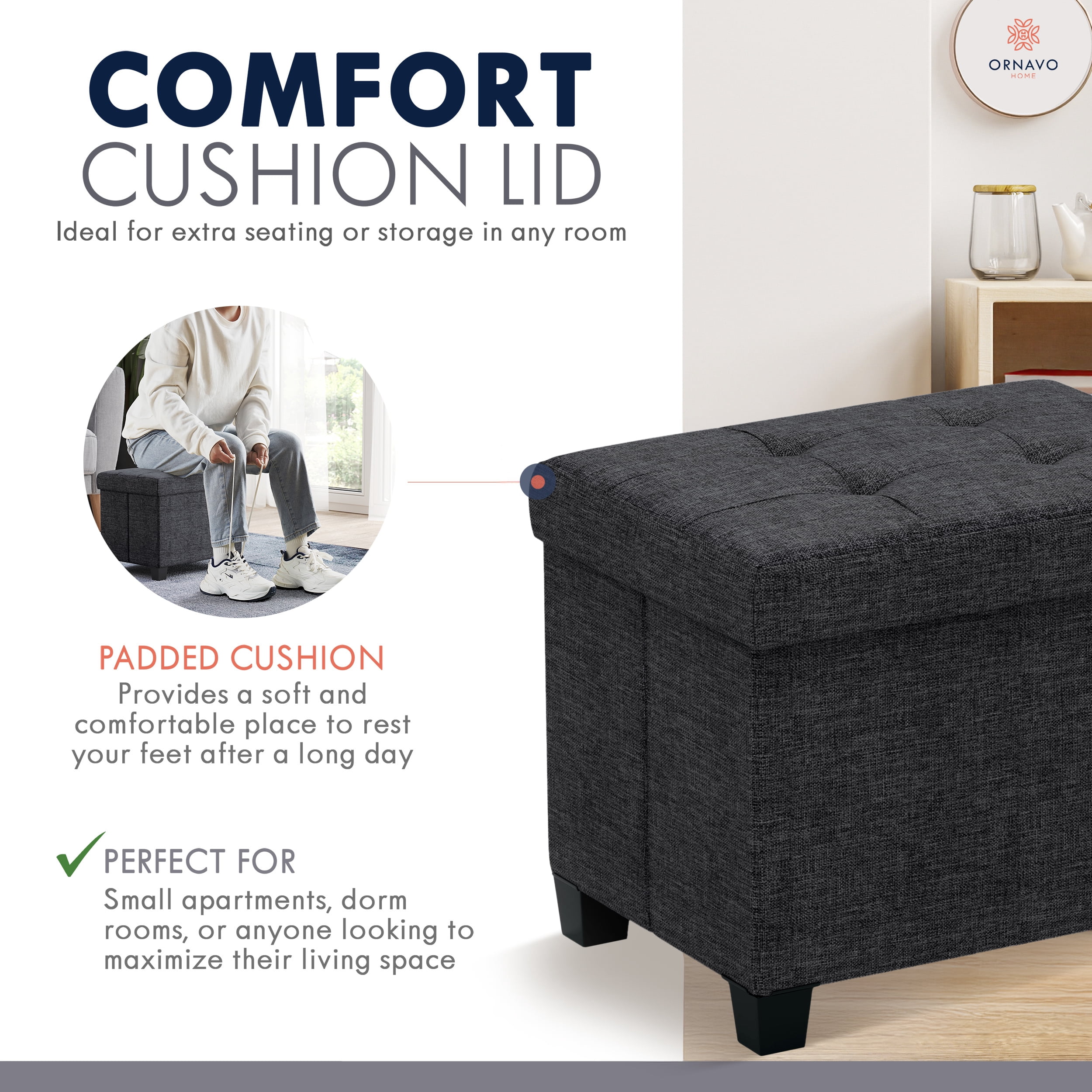 Ornavo Home Storage Ottoman Small Rectangle Ottoman with Legs, Foot Rest Stool Seat, Load up to 600 LB, for Living Room, Bedroom, Home Office, Dorm - 12 x 16 x 12, Black
