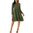 thumbnail image 1 of Vestido casual babydoll de INSPIRE CHIC para mujer con bolsillos, manga larga, cuello redondo, con volantes, vestido fluido en línea A, verde militar S, 1 of 5