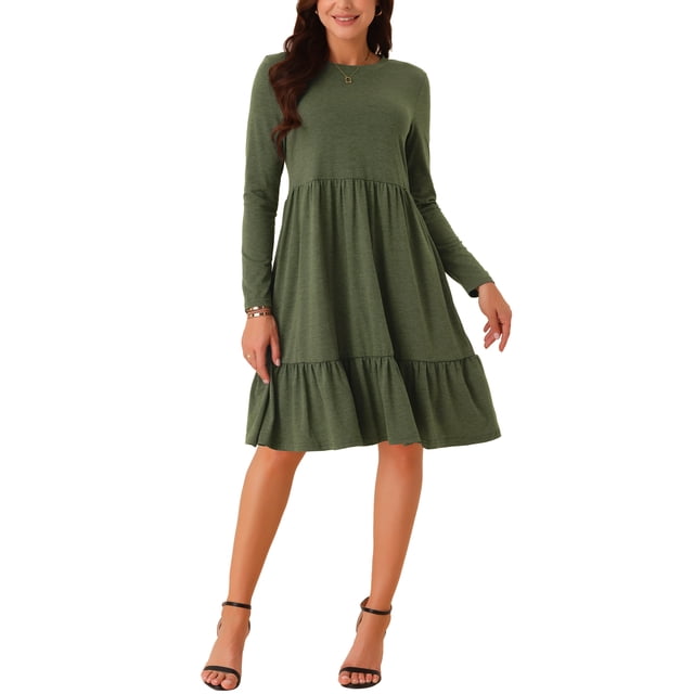 Vestido casual babydoll de INSPIRE CHIC para mujer con bolsillos, manga larga, cuello redondo, con volantes, vestido fluido en línea A, verde militar S