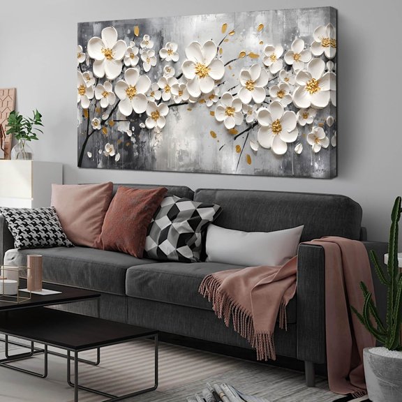 VELVET Large Pictures for Living Room White Flower Canvas Wall Art for Bedroom Modern Wall Decor for Office Women 16x12inch Framed