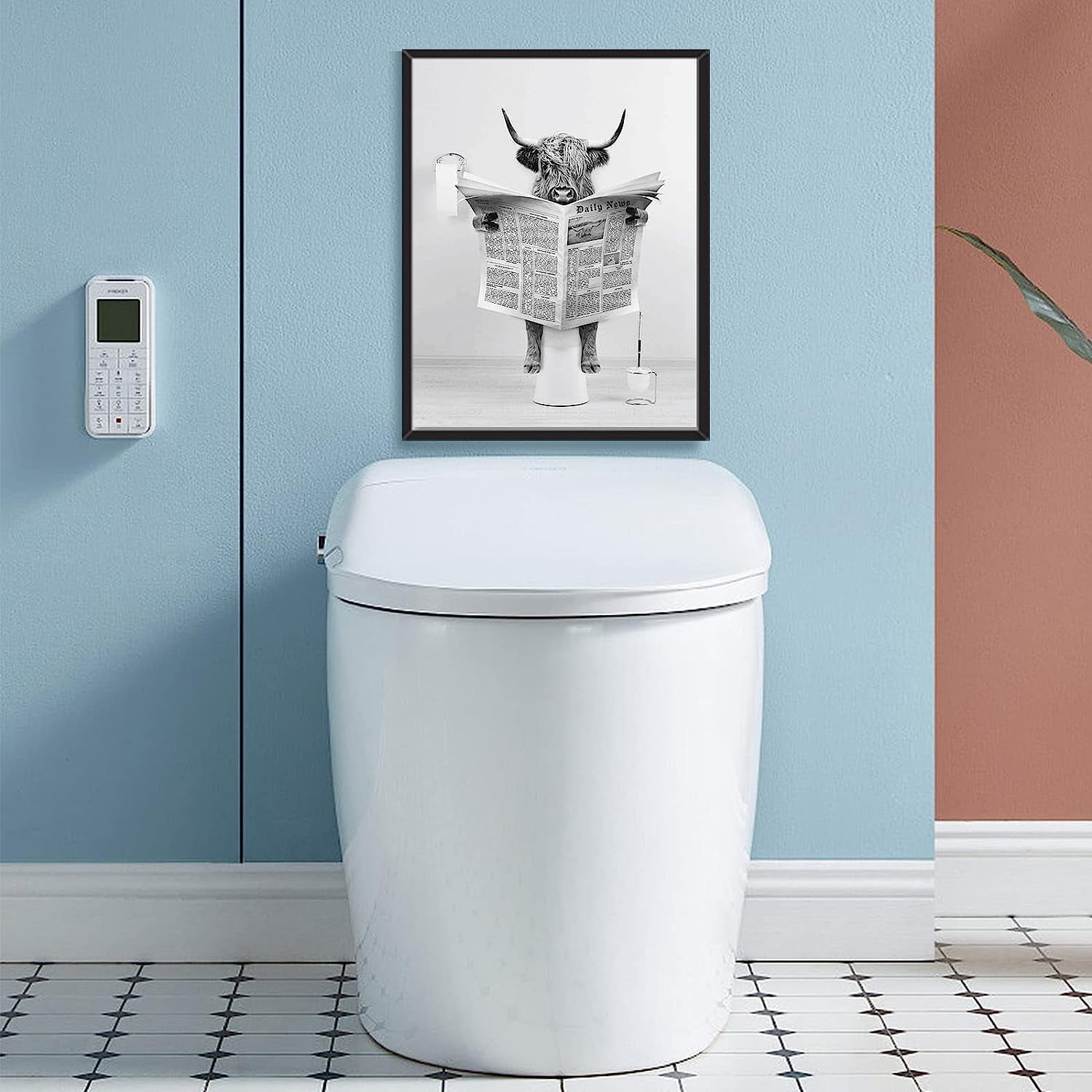 Modern Black Framed Highland Cow Wall Art Minimalist Bathroom Wall Decor Cute Funny Animals Artwork Canvas Prints Ready to Hang for Guest Bathroom, Hotel, Condo, Kids Bathroom, 12x16