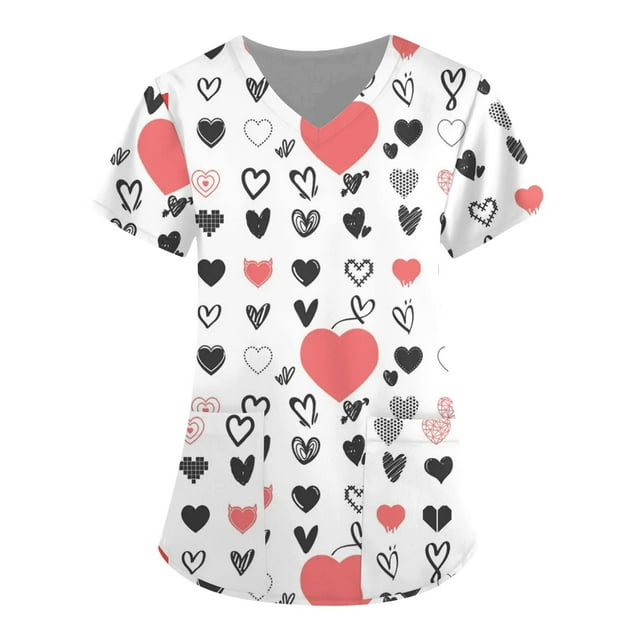Babysbule Women's Fashion Short Sleeve V-Neck Tops Working Uniform Printed Womens Summer Tops With Pockets
