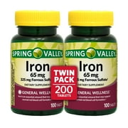 Spring Valley Iron General Wellness Dietary Supplement Tablets Twin Pack, 65 mg, 200 Count