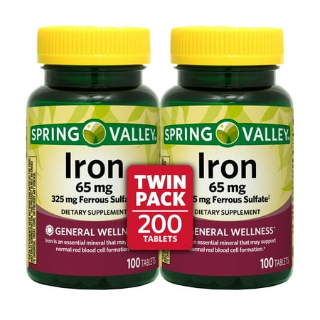 Spring Valley Iron General Wellness Dietary Supplement Tablets Twin Pack, 65 mg, 200 Count